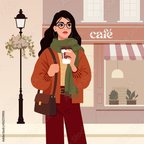 A flat vector illustration of a stylish woman standing near a cozy cafe while holding a coffee cup. She is dressed in a chic autumn outfit with a scarf, crossbody bag, and glasses, perfectly capturing