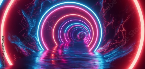 A neon-lit tunnel with concentric rings of glowing colors, creating a sense of depth and motion, against a dark and mysterious background.