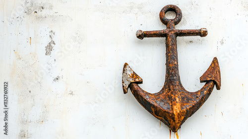 A weathered, rusted anchor mounted on a wall, symbolizing maritime themes and nautical life. photo