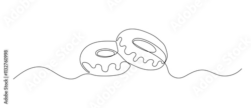 Donuts one continuous line illustration. Hand drawn doodle sketch of sweet food on white background