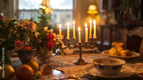 Traditional hanukkah menorah with lit candles on dining table festive home setting warm ambiance family gathering photo