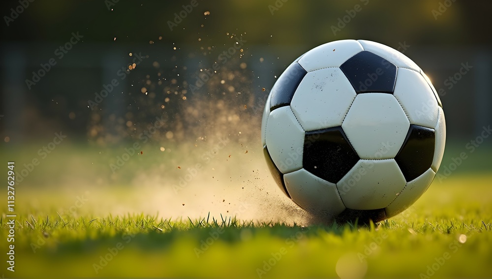 Naklejka premium A soccer ball in motion, kicking up dust and grass. The sun shines on the ball, creating a vibrant, dynamic scene of sports action.
