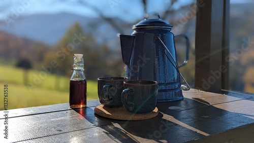 Close-up of a cozy outdoor coffee arrangement with a blue enamel kettle, two ceramic mugs, and a bottle of syrup on a wooden table. photo