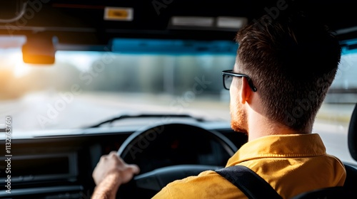 Driver in Vehicle from Side Profile View at Sunset