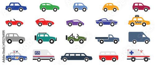 various civilian car vehicle simple icon symbol silhouette side view set vector on transparent background