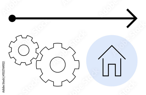 Gears turning, black arrow pointing right towards house inside blue circle. Ideal for business, technology, progress, engineering, real estate, planning achievement. Line metaphor