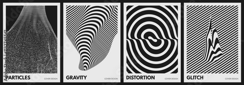 Cover design template. Array with dynamic particles. Optical art illustration of circles. Geometric background with stripes and glitch splash. 3D vector for brochure, card, presentation, postcard, etc