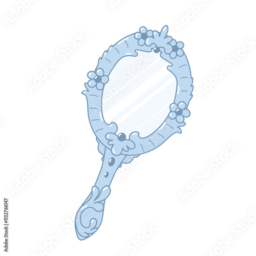 Vintage decorated mirror. Retro feminine item. Women's elegant attribute. Vector illustration