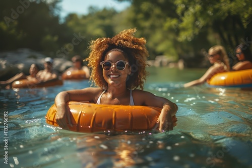 Young Adults Relaxing on Tubes in a Summer River