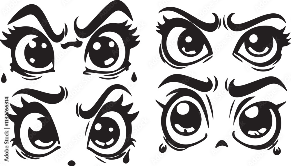 Naklejka premium Cartoon emoji vector. Cartoon eyes. Comic eye staring gaze watch, funny face parts facing smile cute, angry and joyful emotions.