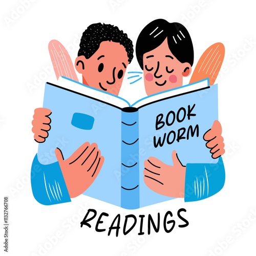 A flat sticker of two friends reading a book with bookworm typography 
