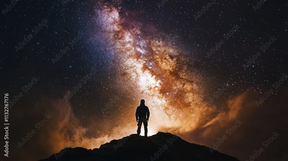 Fototapeta premium Solitary Figure Silhouetted Against a Starry Night Sky
