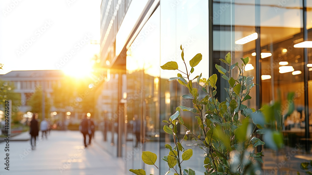 Naklejka premium A serene urban scene at sunset, featuring modern glass buildings and lush greenery. warm sunlight casts golden hue, creating peaceful atmosphere