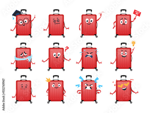 Red travel suitcase funny character comic emoticon set realistic vector illustration