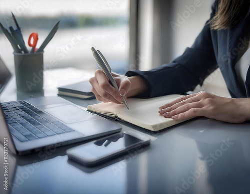 Office tools and gadgets symbolizing an assistant's role, featuring items like a notebook, pen, and smartphone, representing organization, support, and efficiency. photo