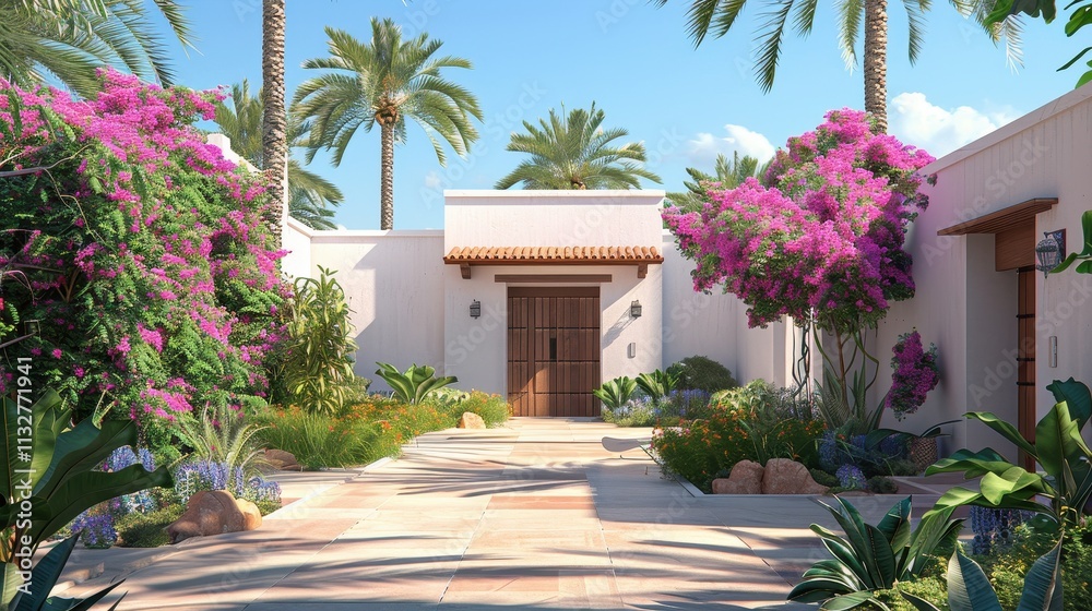 Fototapeta premium Lush Tropical Courtyard With White Walls and Wooden Door