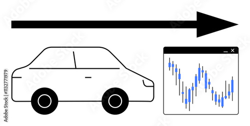 Car driving beneath a large arrow pointing right next to data chart window with fluctuating graph. Ideal for automotive industry, data analysis, business growth, technology, future planning, progress