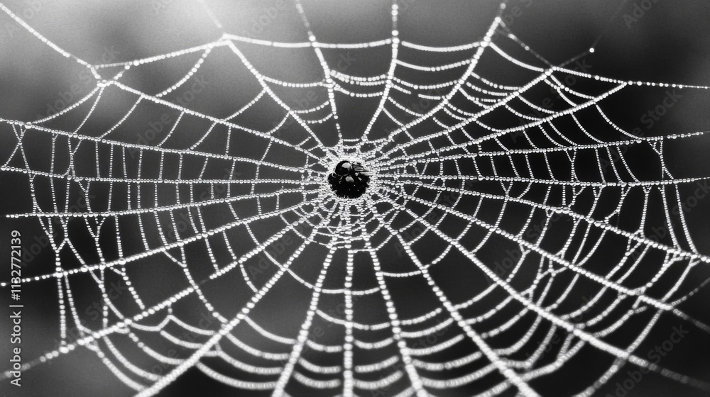 Obraz premium Dew-Covered Spiderweb with a Cluster of Water Droplets at the Center