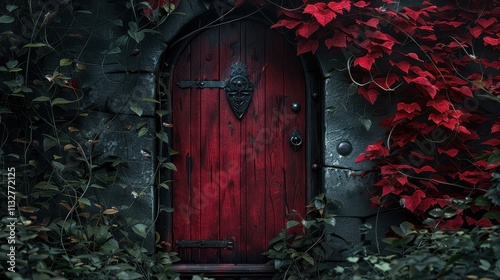 Enchanting Red Door Hidden Amidst Lush Green Vines