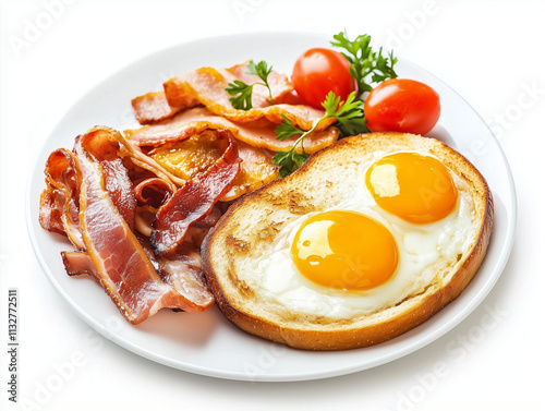 Breakfast photo with fried eggs and bacon
