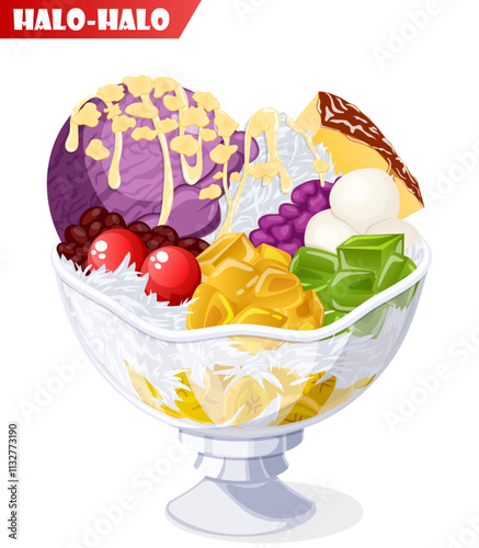 Traditional Halo-Halo Filipino Shaved Ice Dessert with Ube Ice Cream, Ube Jam, Red Beans, Gulaman, Sweet Jackfruit, Red Tapioca Pearls, Mochi, Flan, Pinipig, and Coconut Milk Drizzle Toppings