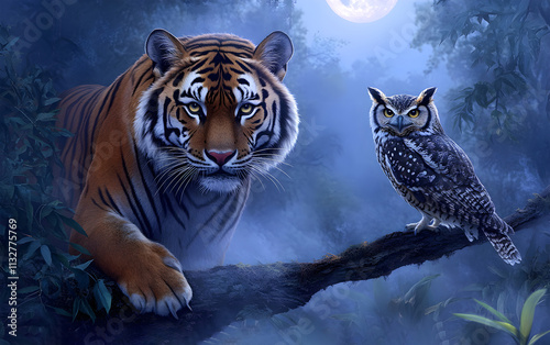 View of an owl and a ferocious tiger sitting on a tree branch in foggy forest