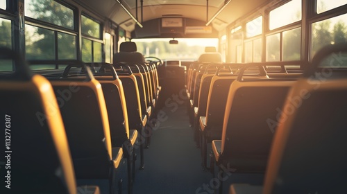Interior View of an Empty Bus at Sunset Light