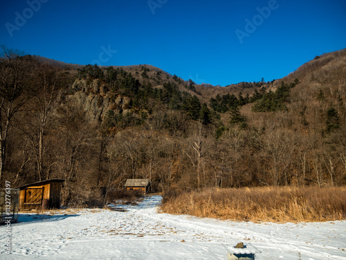 View from above. Ussuri Nature Reserve in winter from above. Scientific cordon of the reserve.