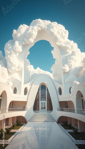 A surreal and inspiring image of a futuristic palace built on clouds, perfect for fantasy, science fiction, and architectural design concepts. photo