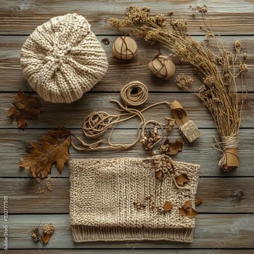 Autumn accessories are displayed on a wooden background, featuring scarves, hats, gloves and cozy details photo