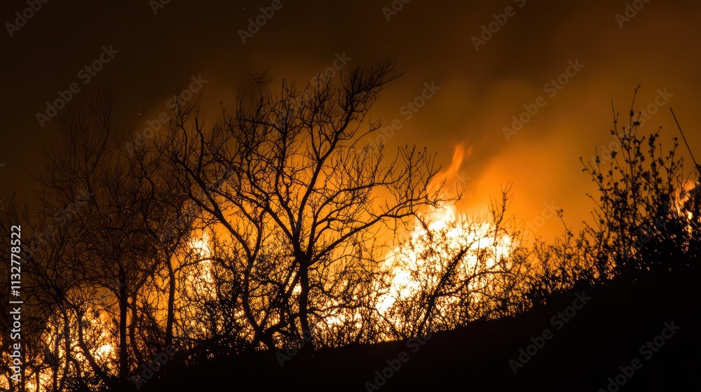 Naklejka premium Intense Wildfire Burning Through Forest at Night with Flames