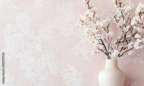 A serene arrangement of blossoms in a vase against a soft pink patterned wall.