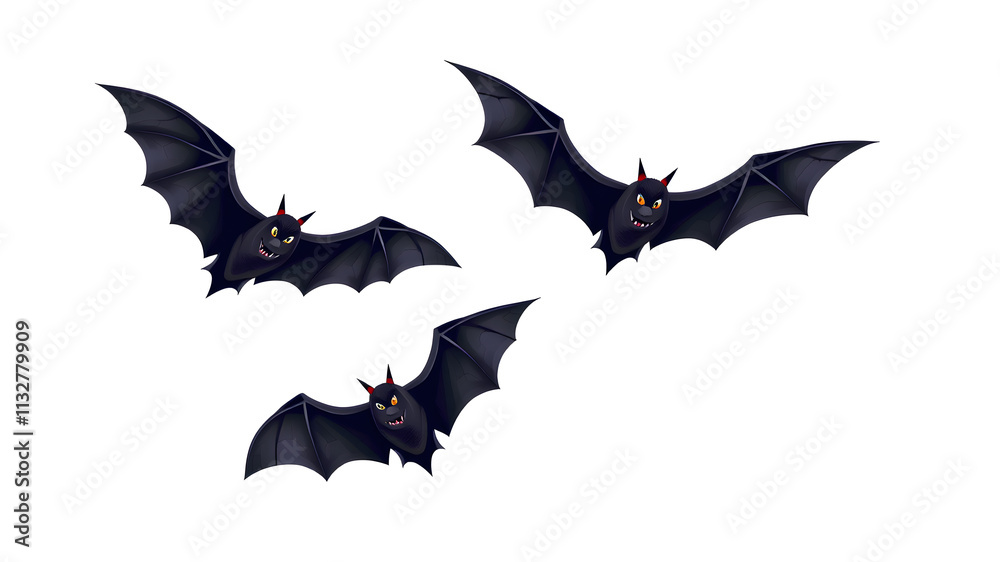 Fototapeta premium Vector Halloween set of flying black bats isolated on a white background. Generative AI