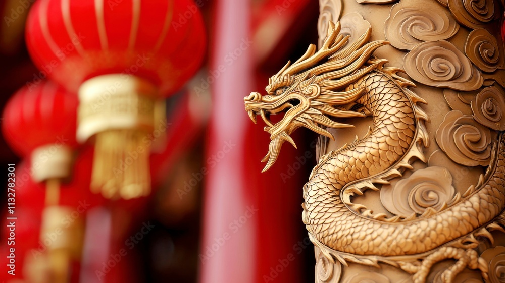 Fototapeta premium Chinese New Year temple visit concept. Golden dragon carving with red lanterns in the background.