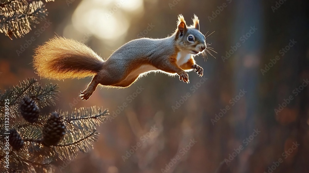 Obraz premium Red Squirrel Leaping Through Sunlight In Forest