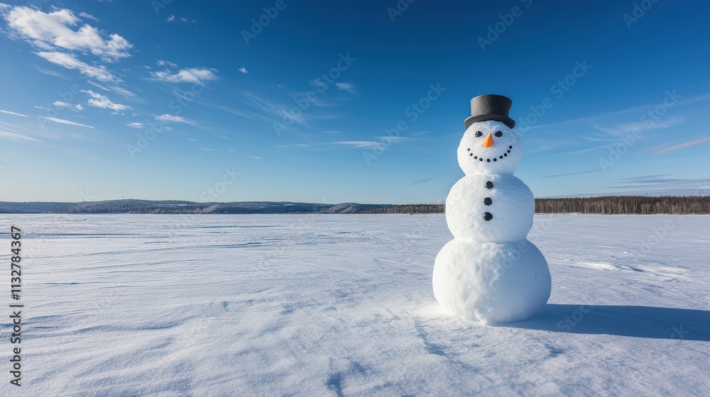 Obraz premium Cheerful Snowman in Bright Winter Landscape under Clear Blue Sky
