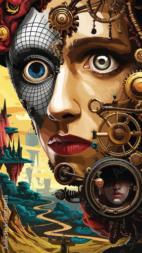 Steampunk mechanized women made of clockwork gears and springs The concept of the robot
