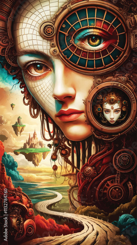 Steampunk mechanized women made of clockwork gears and springs The concept of the robot