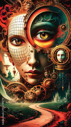 Steampunk mechanized women made of clockwork gears and springs The concept of the robot