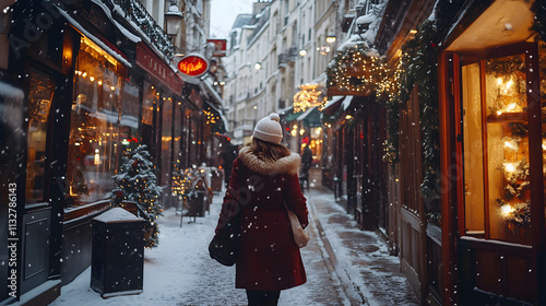 Woman Walking Snowy Christmas Street, Festive European City photo