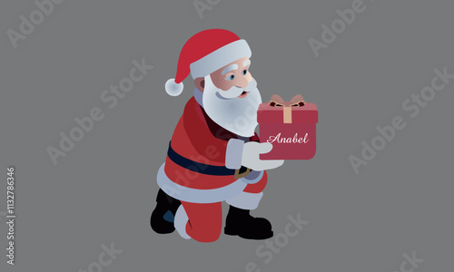 Flat vector illustration in children's style. Cute Santa Claus holding a sack with gifts. Holiday illustration on white background