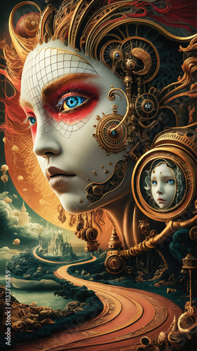 Steampunk mechanized women made of clockwork gears and springs The concept of the robot