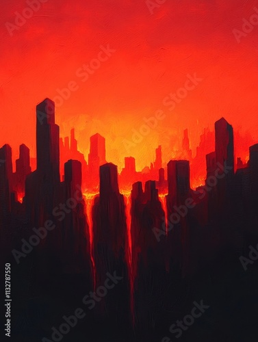 Abstract city skyline with fiery red sunset background