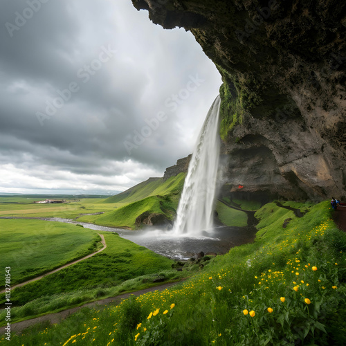 majestic natural cave with seljalandsfoss waterfal photo