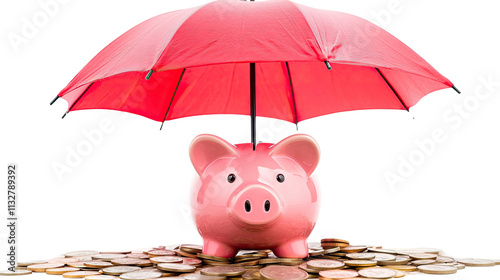 Safeguarding Savings: A pink piggy bank finds protection under a red umbrella, surrounded by a sea of golden coins, symbolizing financial security and peace of mind. 