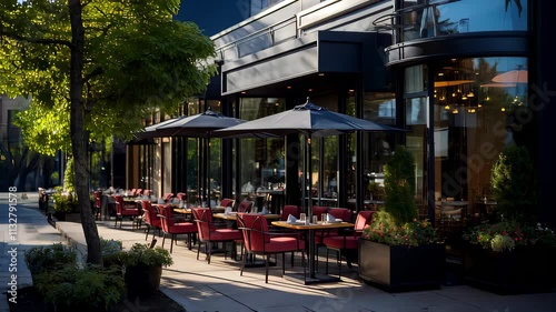 Chic Outdoor Dining Area of a Modern Urban Restaurant with Red Seating, Black Umbrellas, and Glass Facade