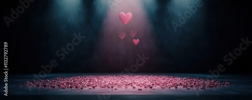 A serene scene featuring floating hearts and scattered petals, illuminated by soft lighting, creating a romantic ambiance.