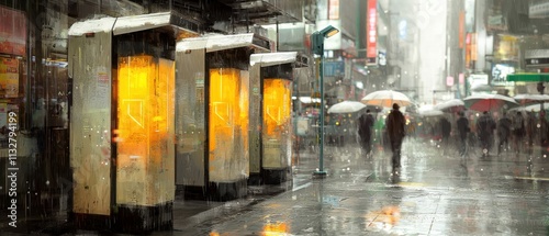 A rainy street scene featuring illuminated phone booths and people with umbrellas, creating a vibrant urban atmosphere.