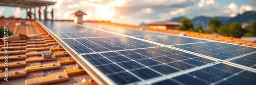 A close-up image of solar panels installed on a tiled roof, showcasing clean energy technology. photo