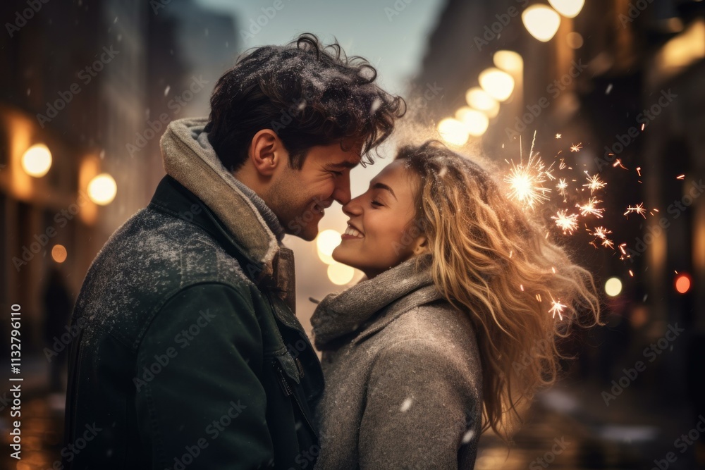 Fototapeta premium Young couple enjoying a romantic moment under softly falling snow with sparklers on new year's eve